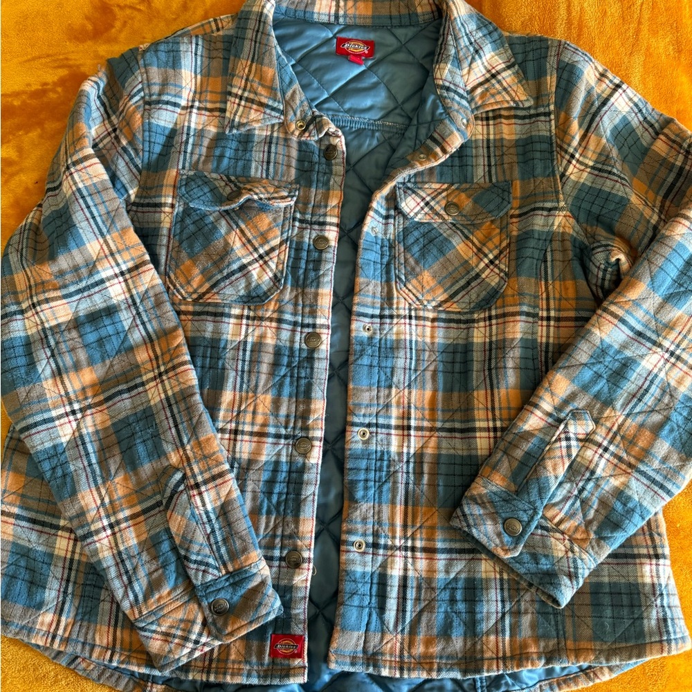 Dickies Brand Set Blue & Tan Plaid Quilted Shacket and matching Sweats Sz XL